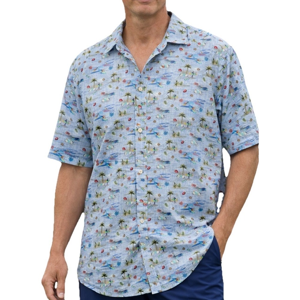 Bugatchi Mens XL Blue Novelty Surf Print Shirt Short Sleeve Button Front Beach